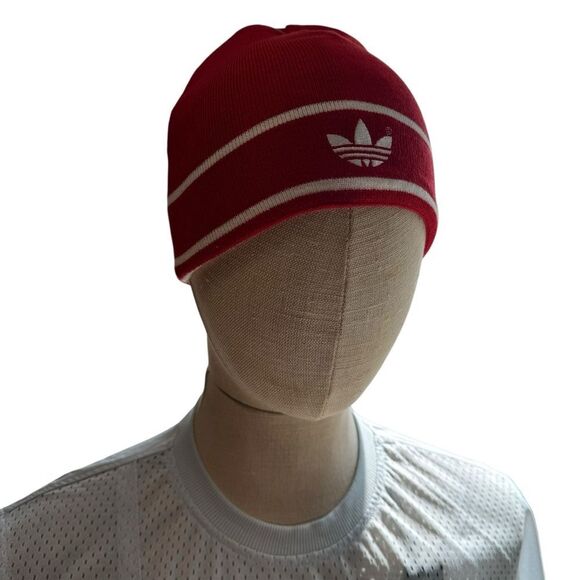 Adidas Red Big Logo Vintage Beanie with White Stripes - Picture 1 of 6